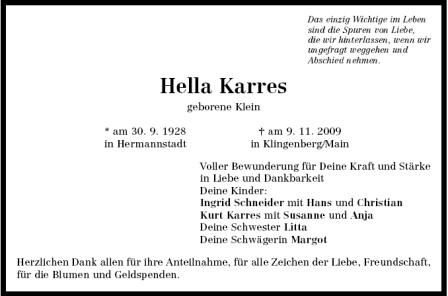 Klein Hella 1928-2009 Todesanzeige